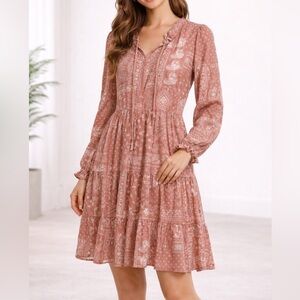Calivita Boho Tiered Mini Dress – Dusty Rose Paisley – Size Small